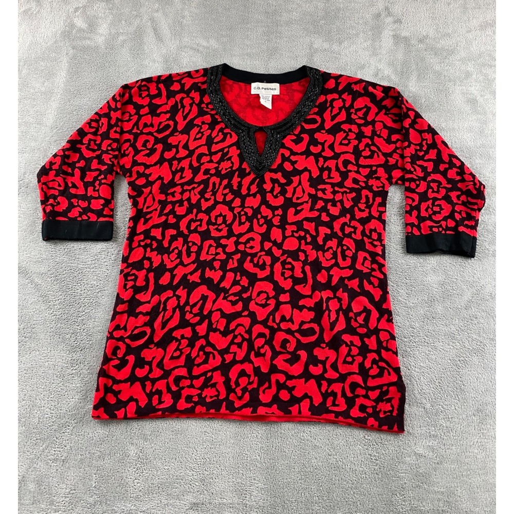 CD Petites Womens Red Black Animal‎ Print Beaded Keyhole Neck Sweater Top Size M